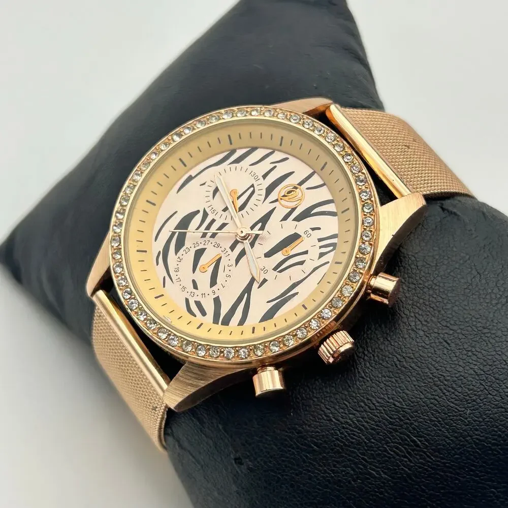 Animal Print Crystal and Gold Metal Face Watch Gold Mesh Band